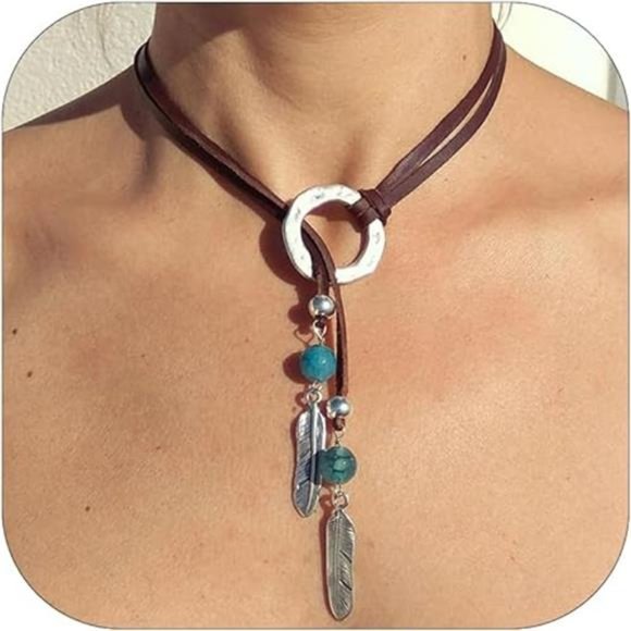GelConnie Boho Leather Necklace For Women – Adjustable Western Choker With Teardrop Leaf Pendant, Layered Style - View #4